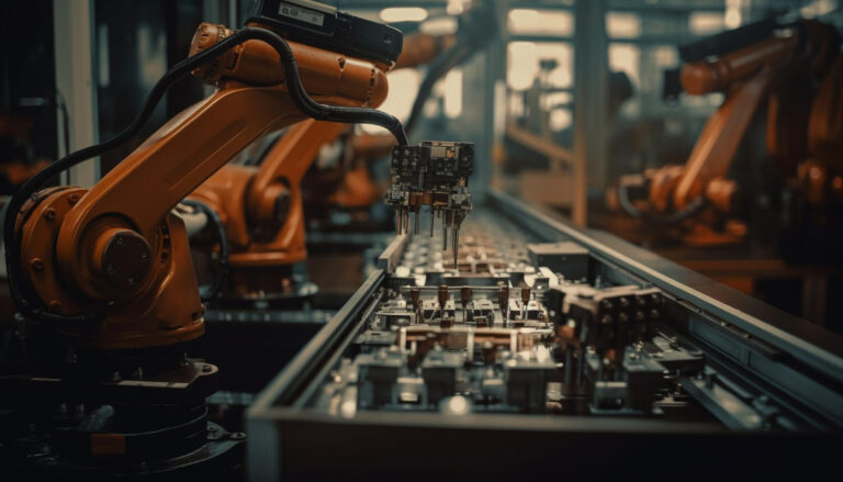 robotic arm futuristic production line generated by ai